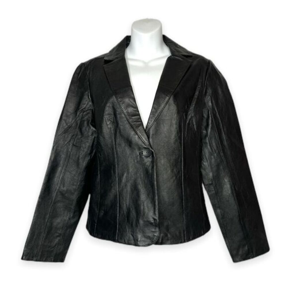 BirryShop‎ Black Genuine Leather Blazer Collar One Button Front Pockets Women’s - Picture 2 of 14